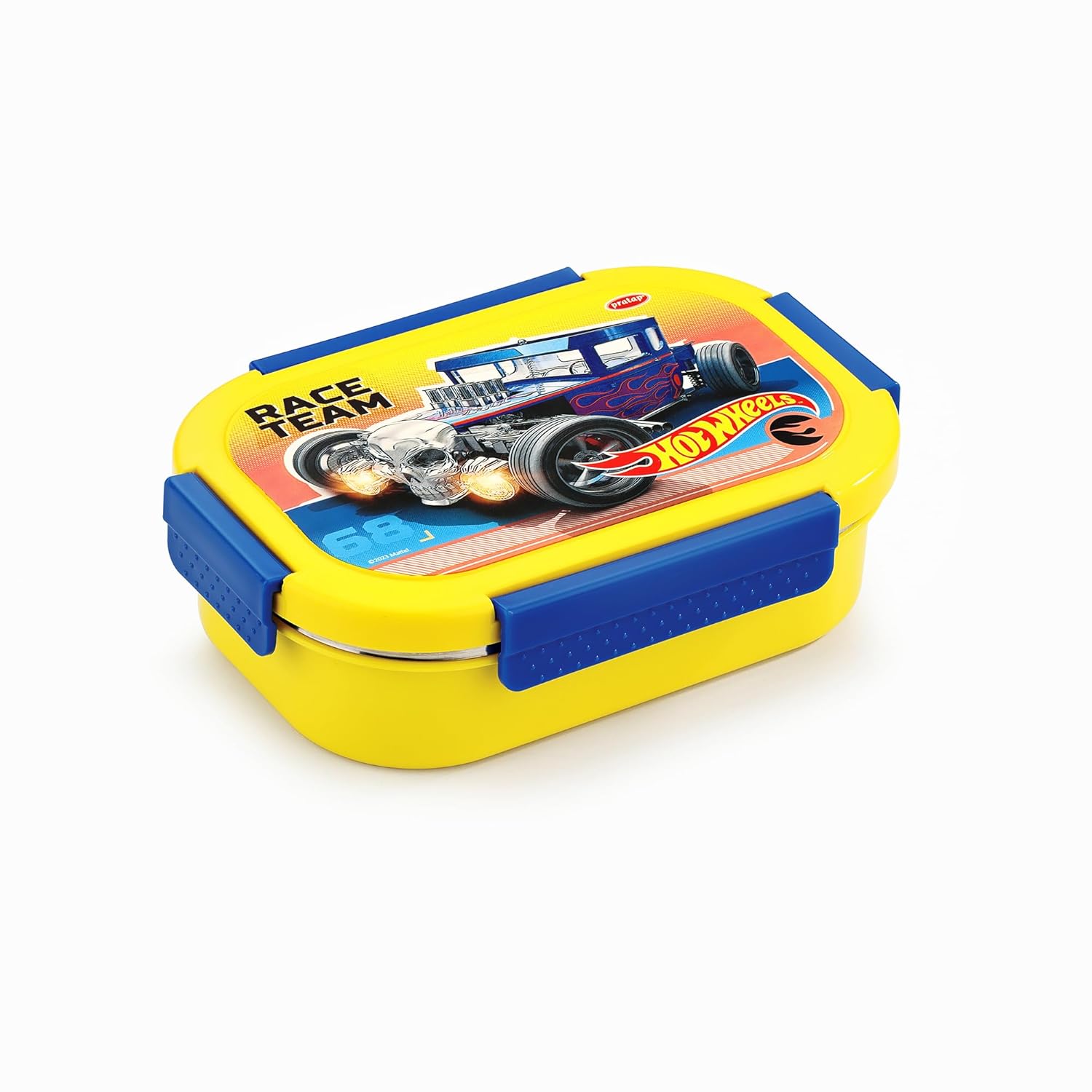 Yellow and blue lunch box with race car design on a white background